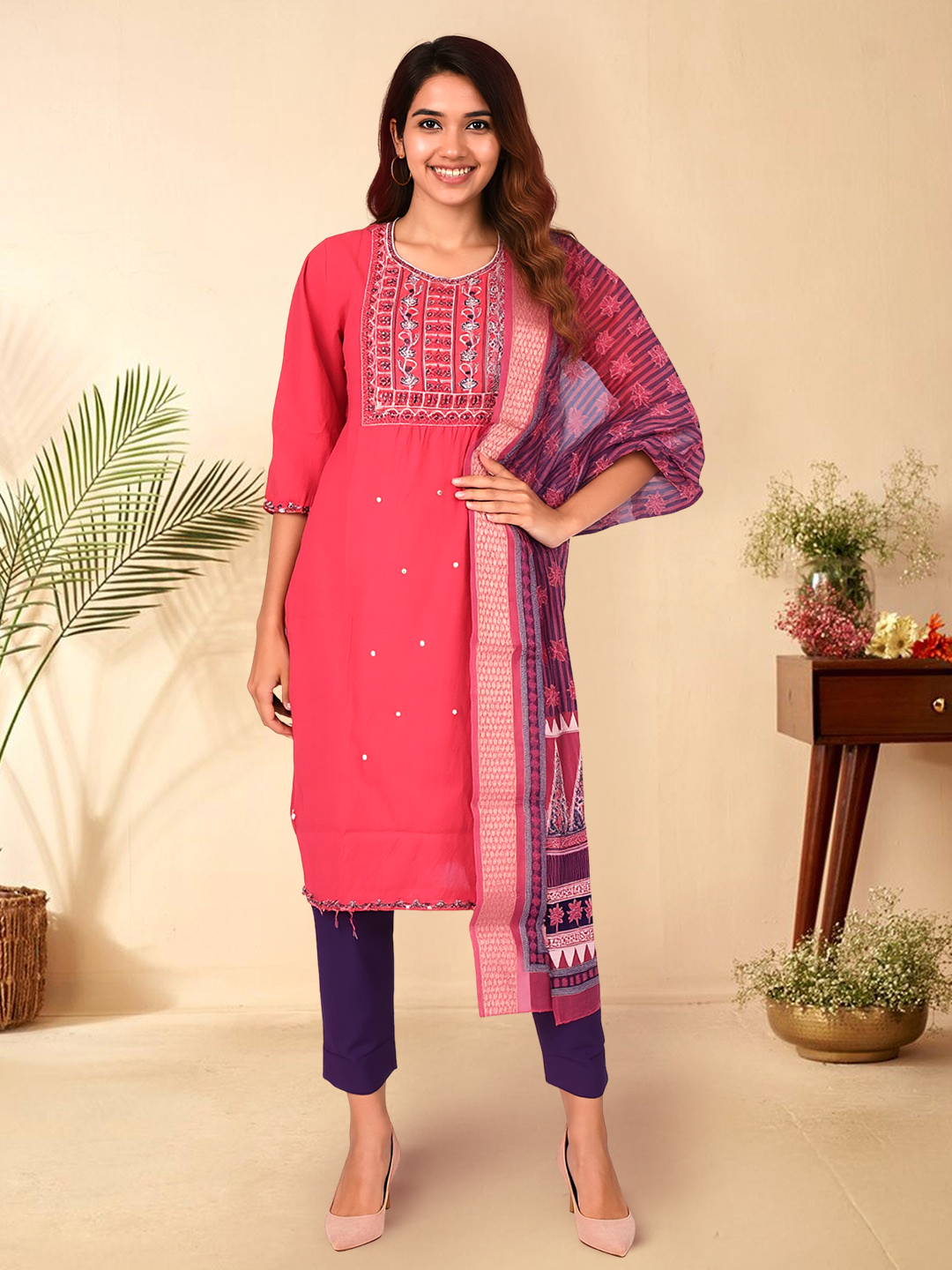 Picture of Vibrant Embroidered Kurta with Pant & Graceful Dupatta Set